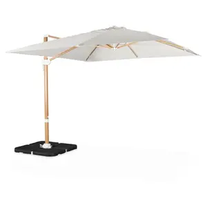 Parasol déporté carré ecru SWEEEK - 3x3m - structure effet bois - manuel - lot de 4 dalles à lester pas cher