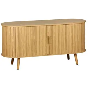 SWEEEK Meuble TV scandinave 2 portes coulissantes. 4 compartiments. effet bois rainuré. L120 x 40 x 57 cm pas cher