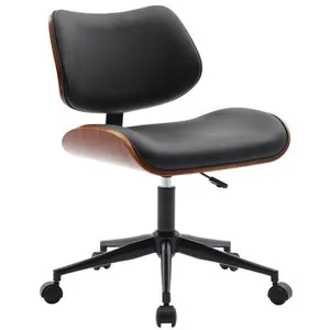 SWEEEK Chaise de bureau à roulettes décor bois courbé placage effet noyer et simili cuir noir pas cher
