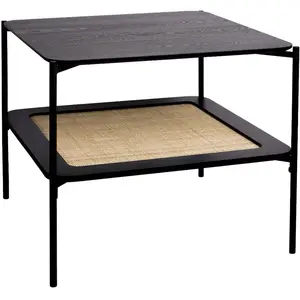 Table basse carrée vintage double plateaux effet bois et cannage - SWEEEK - Noir - Métal pas cher