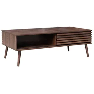 SWEEEK Table basse scandinave avec portes coulissantes décor bois noyer rainuré et niches de rangement pas cher