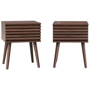 SWEEEK Lot de 2 tables de chevet style scandinave décor bois avec tiroir rainuré noyer et pieds compas pas cher