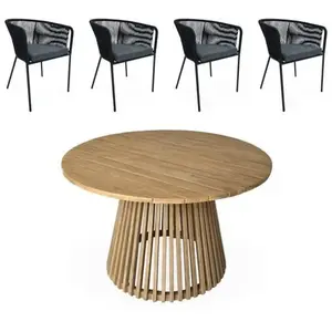 Comparateur de prix : SWEEEK Table à manger bois d'acacia ronde. intérieur / extérieur + 4 fauteuils en corde noir et acier