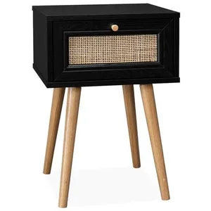 Table de chevet effet bois & cannage avec 1 tiroir - Noir - Bohème - SWEEEK pas cher