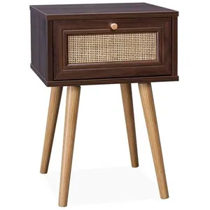 Table de chevet effet bois & cannage avec 1 tiroir - SWEEEK - Bohème - Marron - Vintage pas cher