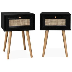 SWEEEK Lot de 2 tables de chevet effet bois noir et cannage avec 1 tiroir pas cher