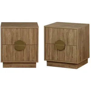 SWEEEK Lot de 2 tables de chevet 2 tiroirs effet bois de manguier rainuré. poignées en métal doré. L42 x P38 x H50cm pas cher
