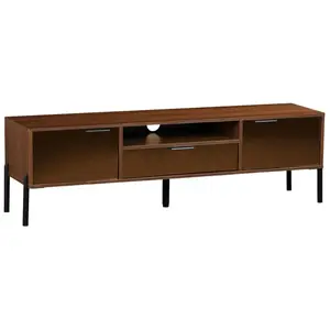 SWEEEK Meuble TV vintage effet bois de noyer. finition vitre fumée. pieds et poignées en métal. L 151.5 x 38 x 44.7cm pas cher