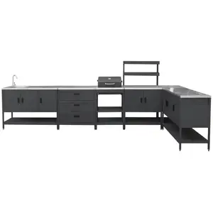 SWEEEK Cuisine extérieure Naxos 5 modules avec barbecue au charbon acier inoxydable noir pas cher