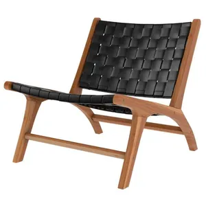 Fauteuil en teck et cuir tréssé noir - Kuna - Rendez-Vous Déco pas cher