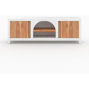 Meuble TV en béton blanc cassé et bois dacacia 145 cm - Fira - Rendez-Vous DécoVendu parcdiscount
