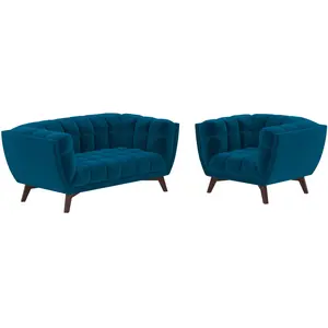Ensemble canapé et fauteuil en velours bleu 3 places - Mona - Rendez-Vous Déco pas cher