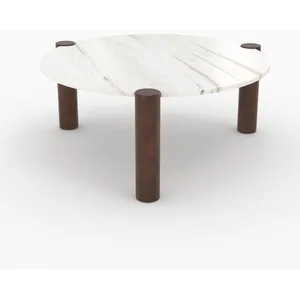 Table basse ronde en marbre et bois de manguier D86 cm - Pauline - Ren... pas cher