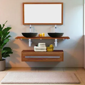 SANITECK Ensemble meuble tiroir vasques et miroir salle de bain Eleganzia 130 cm en bois teck naturel Taille - Meuble + miroir sans vasque pas cher