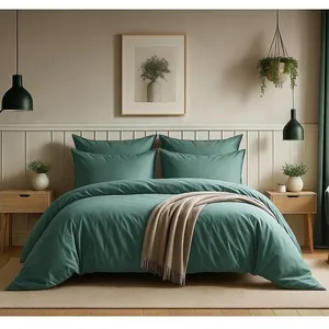 Parure Housse De Couette - 100% Coton 57fils - Bleu Canard pas cher