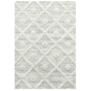 Tapis de Salon 200x290cm Berbere Boho MELIA Poils Longs en Relief Doux Blanc Ivoire Gris pas cher