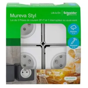 3 prises avec terre + 1 interrupteur va-et-vient Schneider Electric Mureva Styl blanc, lot pas cher