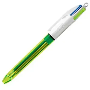 BIC 4 Kleuren Fluo Uitschuifbare Balpennen - Doos van 12 Stuks - 1Zwarte 1Blauwe 1Rode Punt van 1 mm en 1Fluorescerende Gele Punt van 1.6 mm pas cher