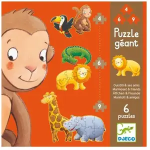 Puzzle Géant Ouistiti et ses amis - DJECO - Animaux - 6 puzzles de 4, 6 et 9 pièces pas cher