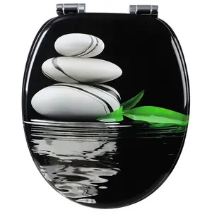 HELLOSHOP26 Abattant WC en MDF avec soft close decoration galet gris noir pas cher