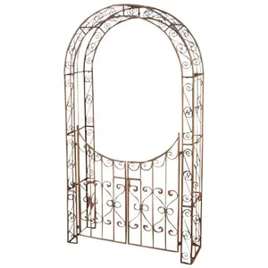DÉCOSHOP26 Arche treillis de jardin avec portillon support pour plantes grimpantes metal marron vieilli 10_0003944