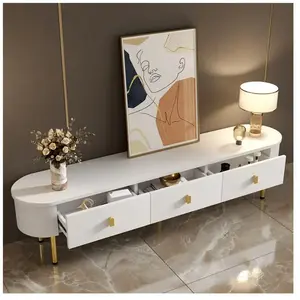 DREAMMESPACE Meuble TV 174x35x41cm - Meuble Lowboard avec 3 tiroirs, poignées et pieds dorés, coins incurvés - en MDF Blanc pas cher