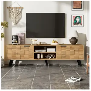 Meuble TV - DREAMMESPACE - 160.5x35.5x45cm - 2 portes - 2 compartiments ouverts - Bois marron pas cher