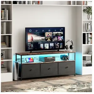Meuble TV - DREAMMESPACE - 108x30x57cm - 3 tiroirs en tissu PU - Métal noir - LED réglable pas cher