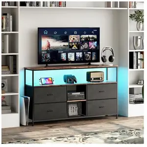 Meuble TV LED - DREAMMESPACE - 137x30x78cm - 4 tiroirs - Métal noir - Étagère ouverte pas cher