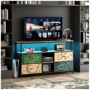 Meuble TV - DREAMMESPACE - 137x30x78cm - 4 tiroirs - LED - Métal noir et tissu coloré pas cher