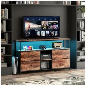Meuble TV - DREAMMESPACE - 108x30x78cm - 4 tiroirs - LED - Métal noir et simili cuir marron pas cher