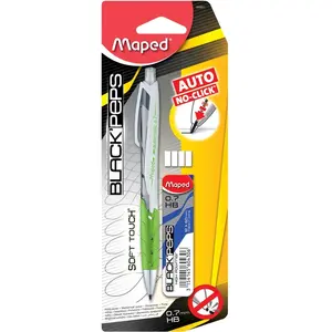 Maped - Porte-Mine HB 0,7mm + Étui-Mines + 4 Gommes - Crayon à Mine avec Embout Gomme et Sortie de Mine Automatique - Préhension Soft - Coloris Aléatoire Bleu, Rose, Vert
