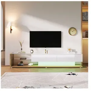 DREAMMESPACE Meuble TV brillant moderne 170x38x36cm, cloisons vitrées et éclairage LED variable, style naturel et rustique, naturel-blanc pas cher
