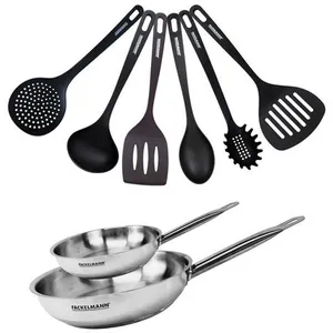 Fackelmann 9438550 2 pannen 20 en 28 cm Roestvrij staal 18/8 en 6 keukengerei Fackelmann Eterna, Pan voor alle warmtebronnen, Inductiepan, PFAS-vrije pan, Geklonken handvat, RVS, Plastic, 20 en 28 cm