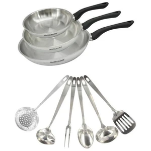 Set 3 poêles 20 24 et 28 cm en inox et 6 ustensiles inox Fackelmann Ge... pas cher
