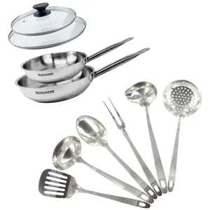 Fackelmann Eterna 2-delige roestvrijstalen koekenpannenset (20 cm en 24 cm), 2 glazen deksels en 6 roestvrijstalen keukengerei
