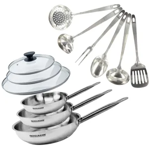 Fackelmann Set de 3 poêles 20 24 et 28 cm en inox 3 couvercles verre et 6 ustensi... pas cher