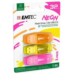 EMTEC Clé USB 2.0 C410, Mémoire Flash Drive De 32Gb, Lecture 5Mb/S, Écriture 15Mb/S, Compatible USB 2.0, USB 3.0, Transparentes Néon Fluo Avec Capuchon, Pack De 3