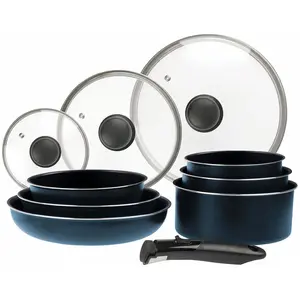 Sitram 714251 Batterie de cuisine 10 pcs Aluminium bleu métal mat : manche amovible, 3 Poêles Ø20,24,28 cm, 3 Casseroles Ø16,18,20 cm, 3 Couvercles Verre Ø16,20,24 cm, tous feux dont induction