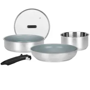Sitram 716744 Batterie de Cuisine inox 5 pcs : 1 manche amovible, 1 casserole Ø18cm, 1 Poêle Ø28cm, 1 Sauteuse Ø24cm, 1 Couv verre - Revêtement Antiadhésif Sain en Céramique - Tous feux dont induction