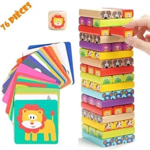 BLEOSAN 76PCS Jouet Tour de Blocs Empilables colorés et Animaux en Boi... pas cher