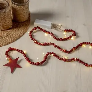 Star Trading kerstverlichtingsketting 'Beady' met houten kralen en ster in naturel, batterijen + timer, warm wit, rood, L 150cm