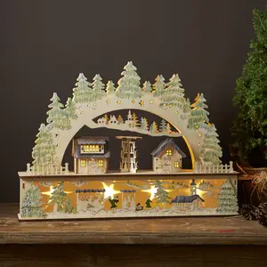 Star Trading Grote LED kaarsenboog 'Bamberg' van hout met kersttafereel, batterijen + timer, naturel, warm wit, B 45 cm