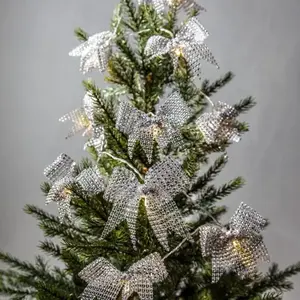 Star Trading Batterijgevoede decoratieve lichtketting 'Bowie', 10 zilveren textielstrikken, LED, timer, warm wit, L 225cm