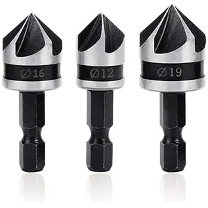 SOLLBRY 3Pcs Fraises à Chanfreiner 90 Degrés 5 Flûte Fraise Conique à Noyer Foret Fraisage Bois de 1/4' Tige Hex en Acier 12mm/16mm/19mm Outil Coupe