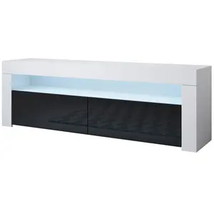 DESIGN AMEUBLEMENT Meuble TV - AKER - 140 x 50,5 x 35cm - Blanc et Noir Finition brillante - LED RVB 16 couleurs pas cher