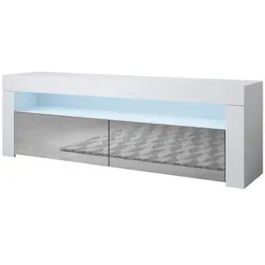 DESIGN AMEUBLEMENT Meuble TV AKER - 2 portes LED - Blanc et Gris Finition brillante - 140 x 50,5 x 35cm pas cher