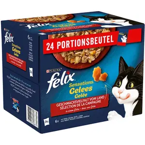 Comparateur de prix : 24x85g Felix Sensations gelée sélection de la campagne - Pâtée pour chat