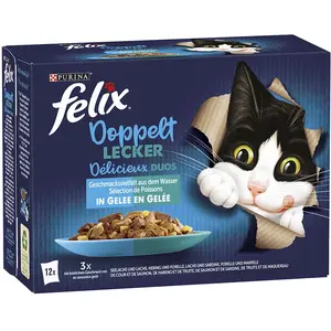 Comparateur de prix : Felix Tendres Effilés Délicieux duos en gelée 12 x 85 g pour chat - colin & saumon, saumon & sardine, hareng & truite, truite & maquereau
