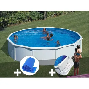 GRE Kit piscine acier blanc Gré Fidji ronde 5,70 x 1,22 m + Bâche à bulles + Tapis de sol Blanc